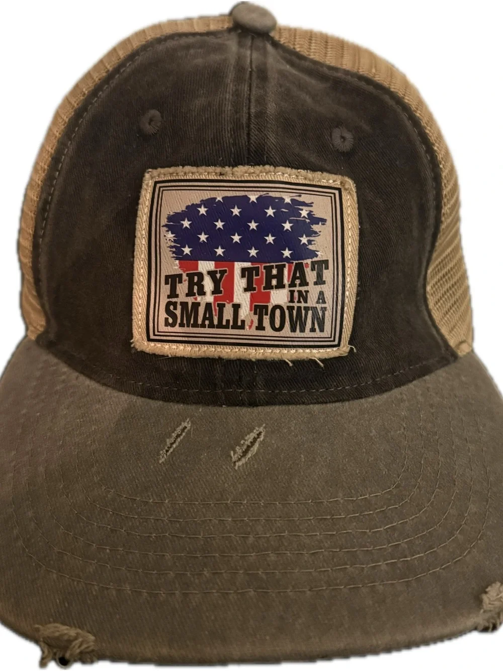 Try That Small Town Distressed Trucker Cap - Denim / Beige Mesh